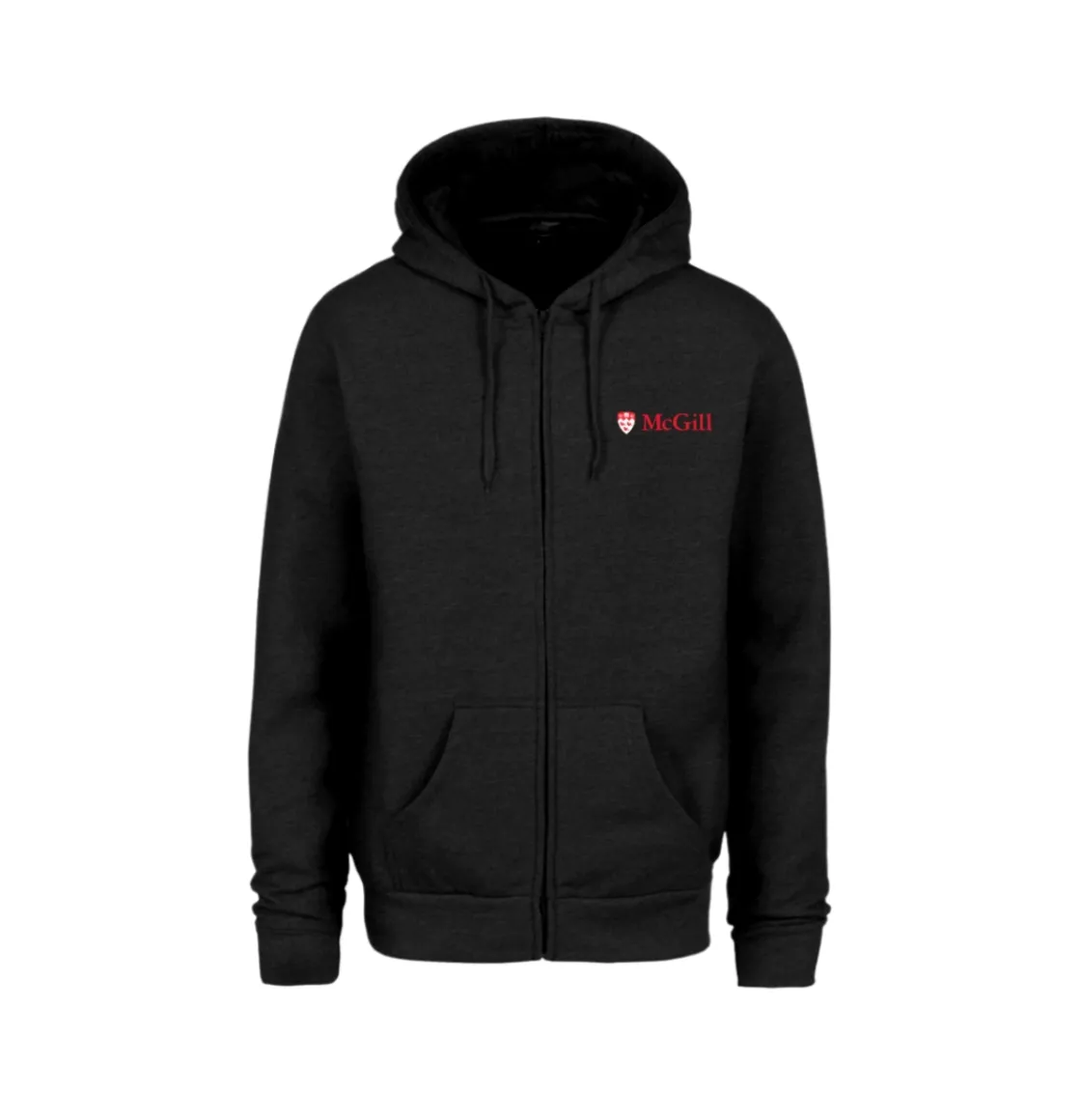 Black full-zip hoodie with drawstring hood and front pockets, featuring small red McGill logo on the left chest.