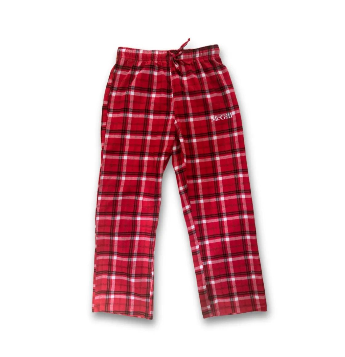 Red and black plaid pajama pants with elastic waistband and drawstring, featuring small white McGill logo on the left thigh.