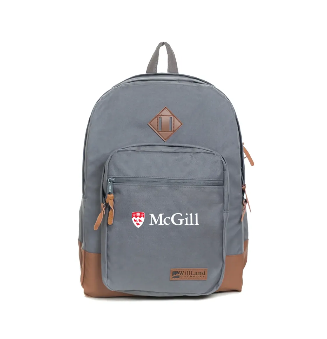 Grey McGill backpack by WillLand Outdoors with front zip pocket, leather accents, and McGill logo.