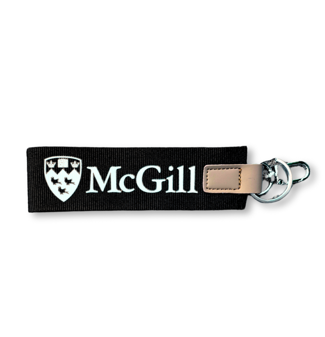 Black McGill keychain wristlet with white logo, leather loop, metal key ring and clip.