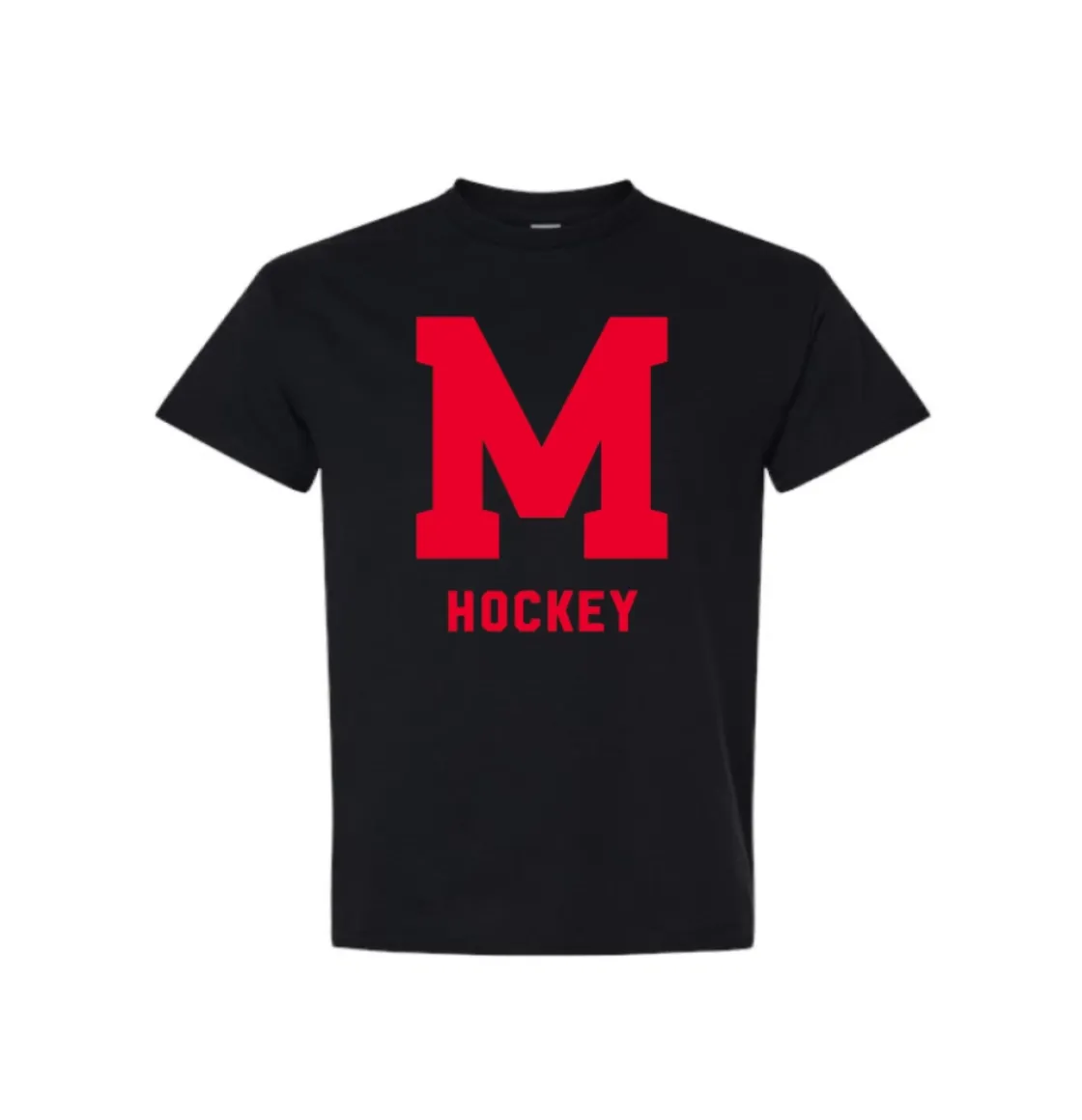 Black unisex T-shirt with large red M and ‘Hockey’ text on the front
