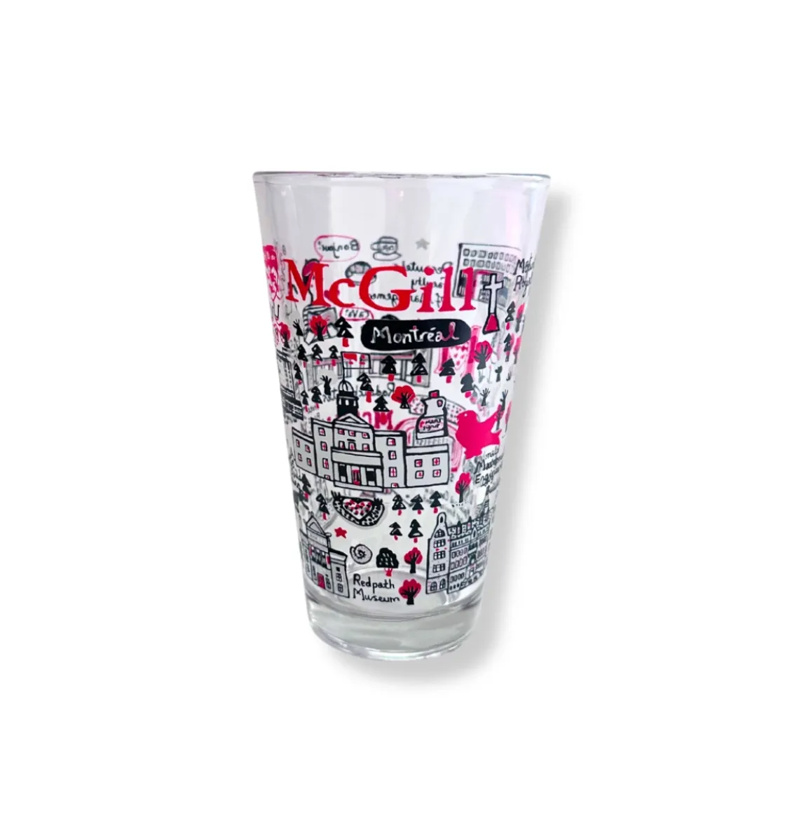 Clear pint glass featuring Julia Gash’s illustrated McGill landmarks in red, black, and white