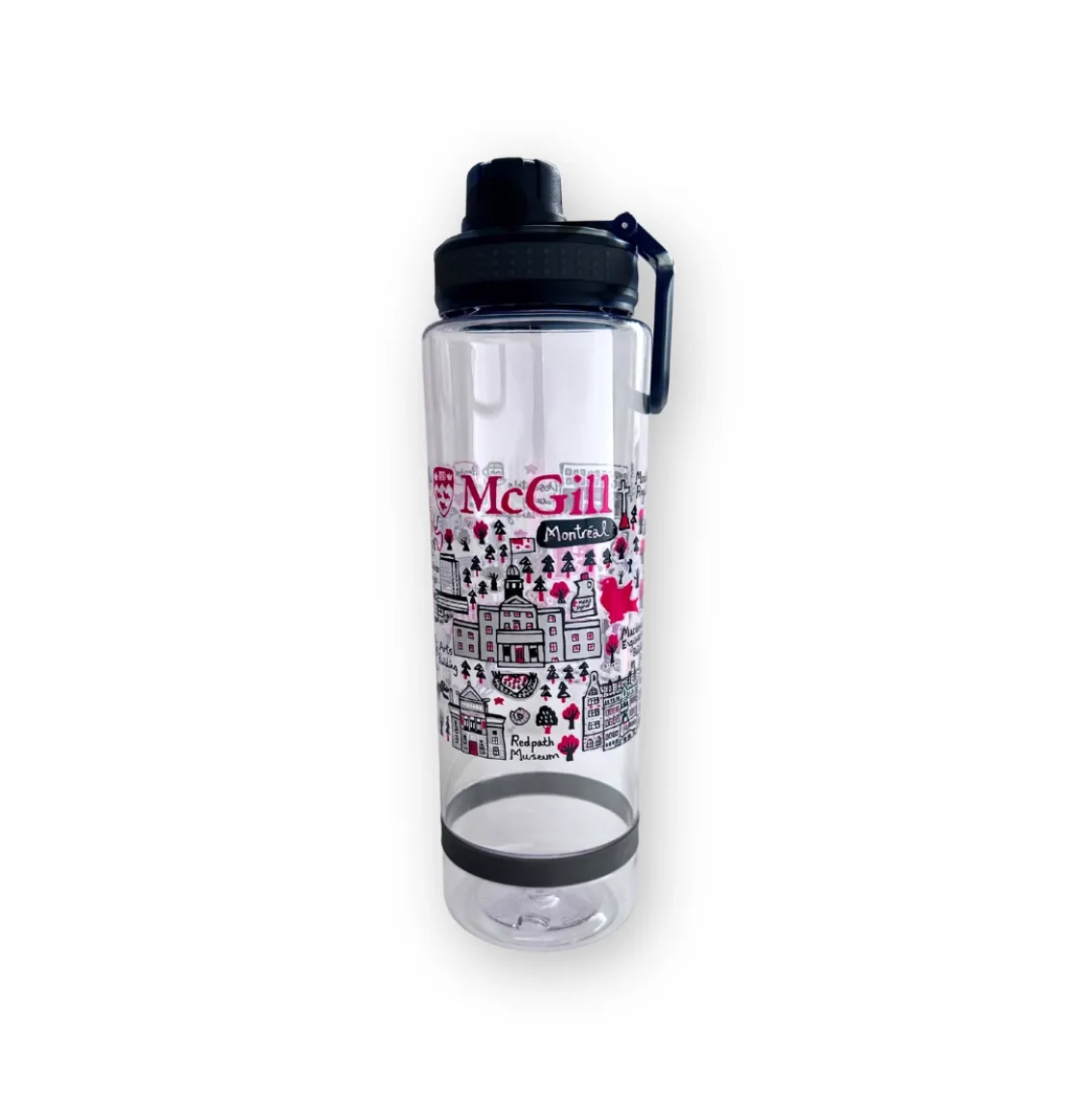 Clear plastic water bottle featuring Julia Gash’s illustrated McGill landmarks in red, black, and white with a flip-top lid.