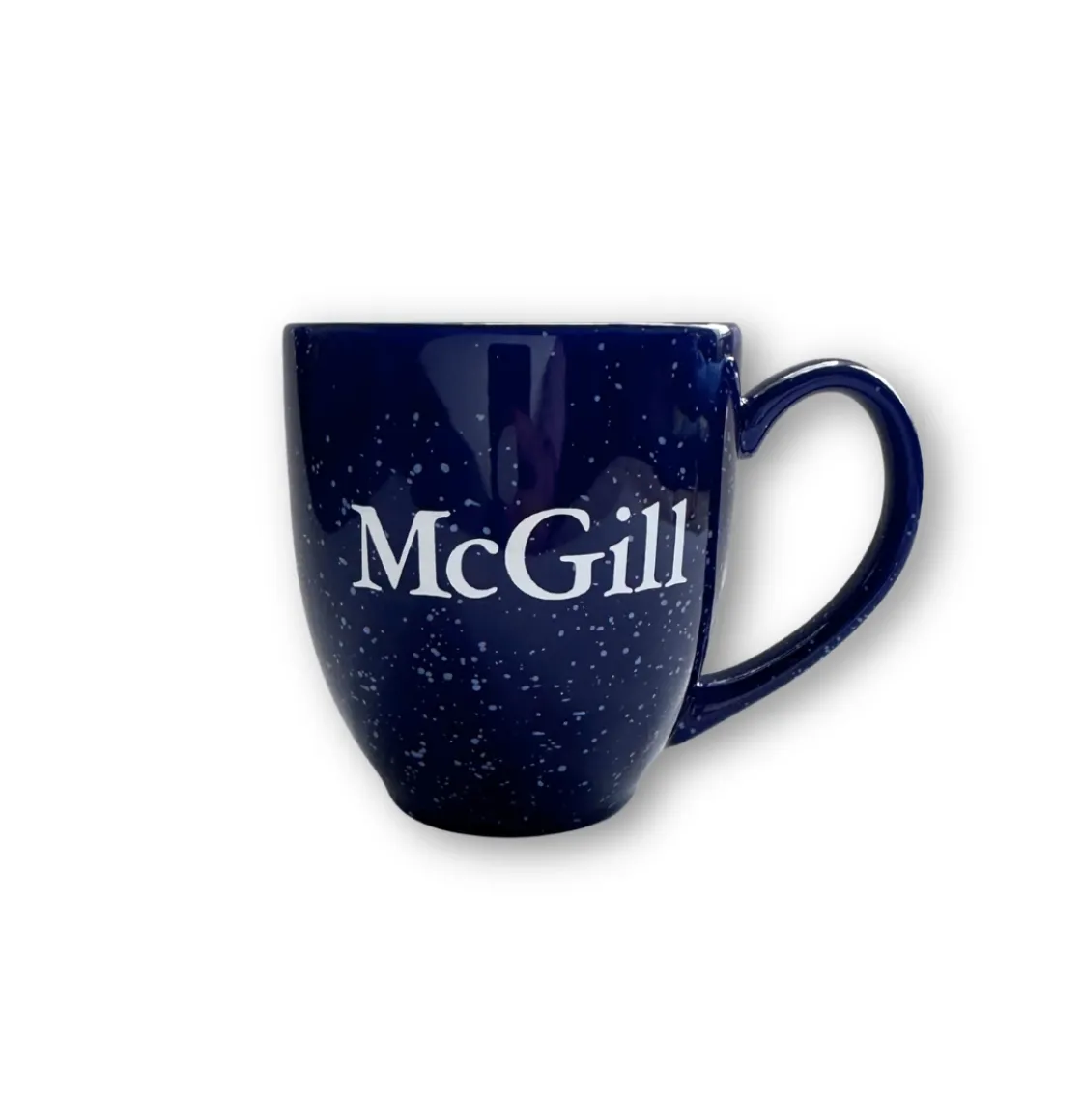 Navy blue speckled ceramic mug with white “McGill” logo on the front, shown against a white background.