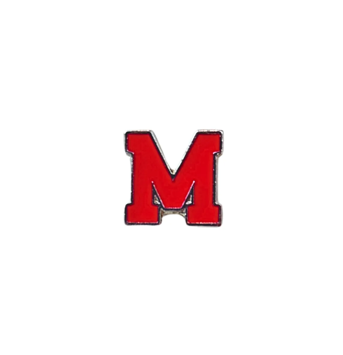 Red letter “M” lapel pin with silver edging, shown on a plain white background.