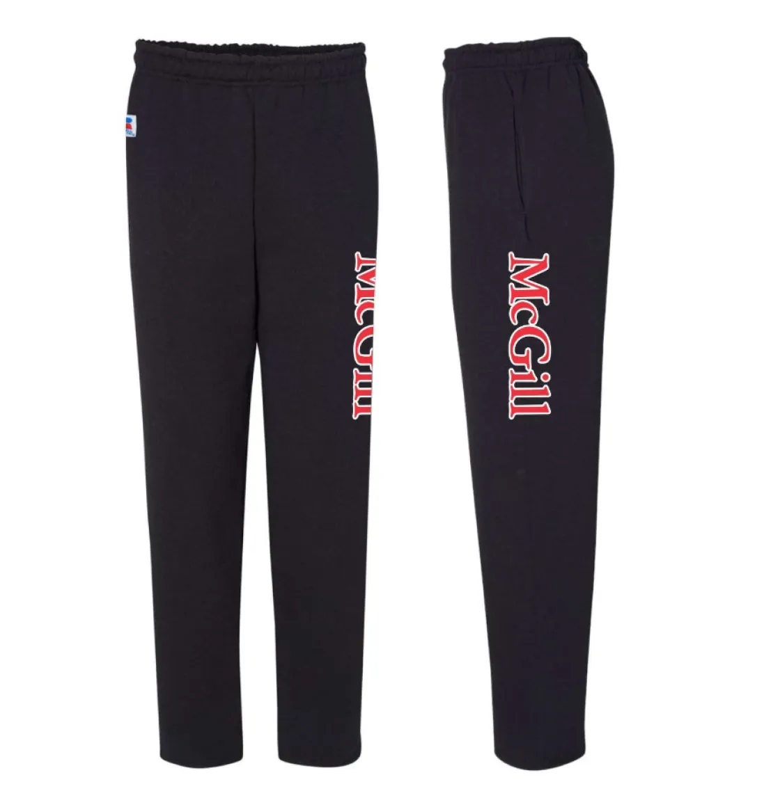 Black sweatpants with elastic waist and “McGill” printed in red down the leg, shown from front and side views.