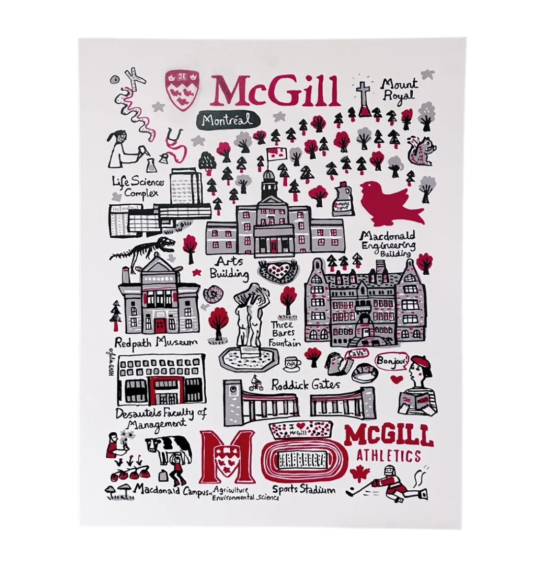 Illustrated McGill University campus map print by Julia Gash, featuring iconic Montreal buildings and landmarks.