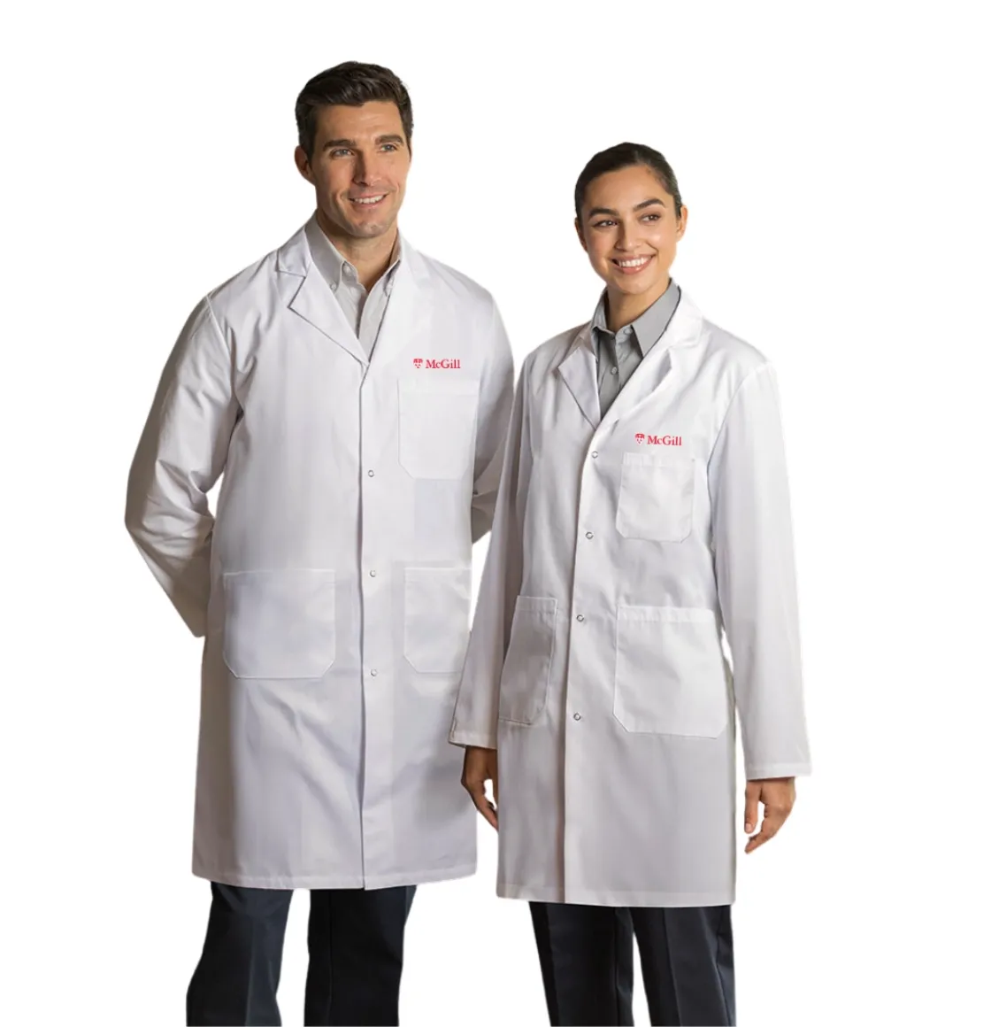 McGill white lab coat with snap closure, long length, chest logo, and functional pockets for medical or lab work