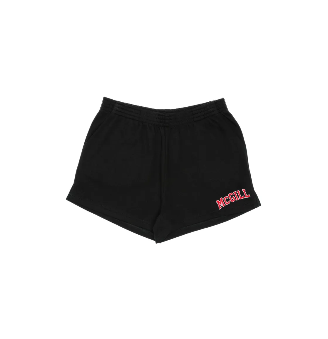 Black McGill athletic shorts with elastic waistband and red McGill logo on the lower right leg.