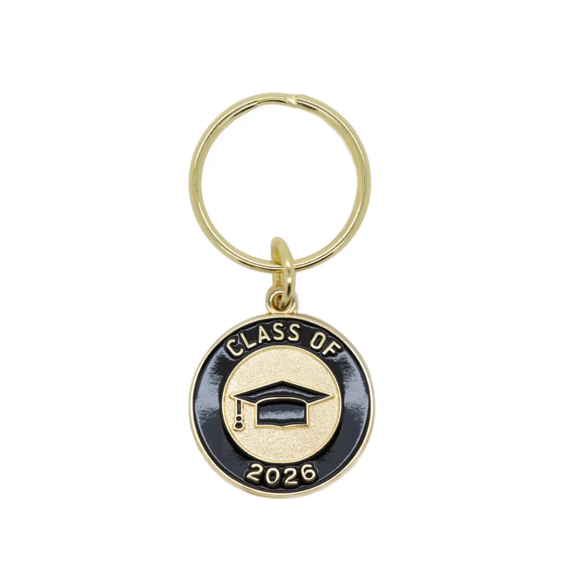 Class of 2026 graduation keychain with gold ring and black enamel medallion featuring cap icon and “Class of 2026” text
