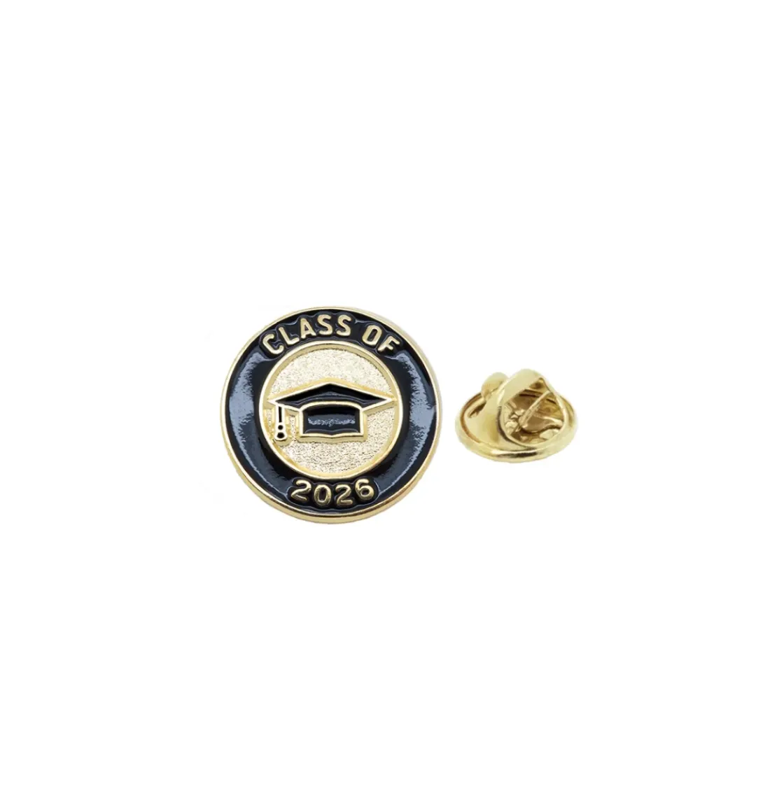 Class of 2026 lapel pin with gold and black enamel design featuring graduation cap icon and “Class of 2026” text.