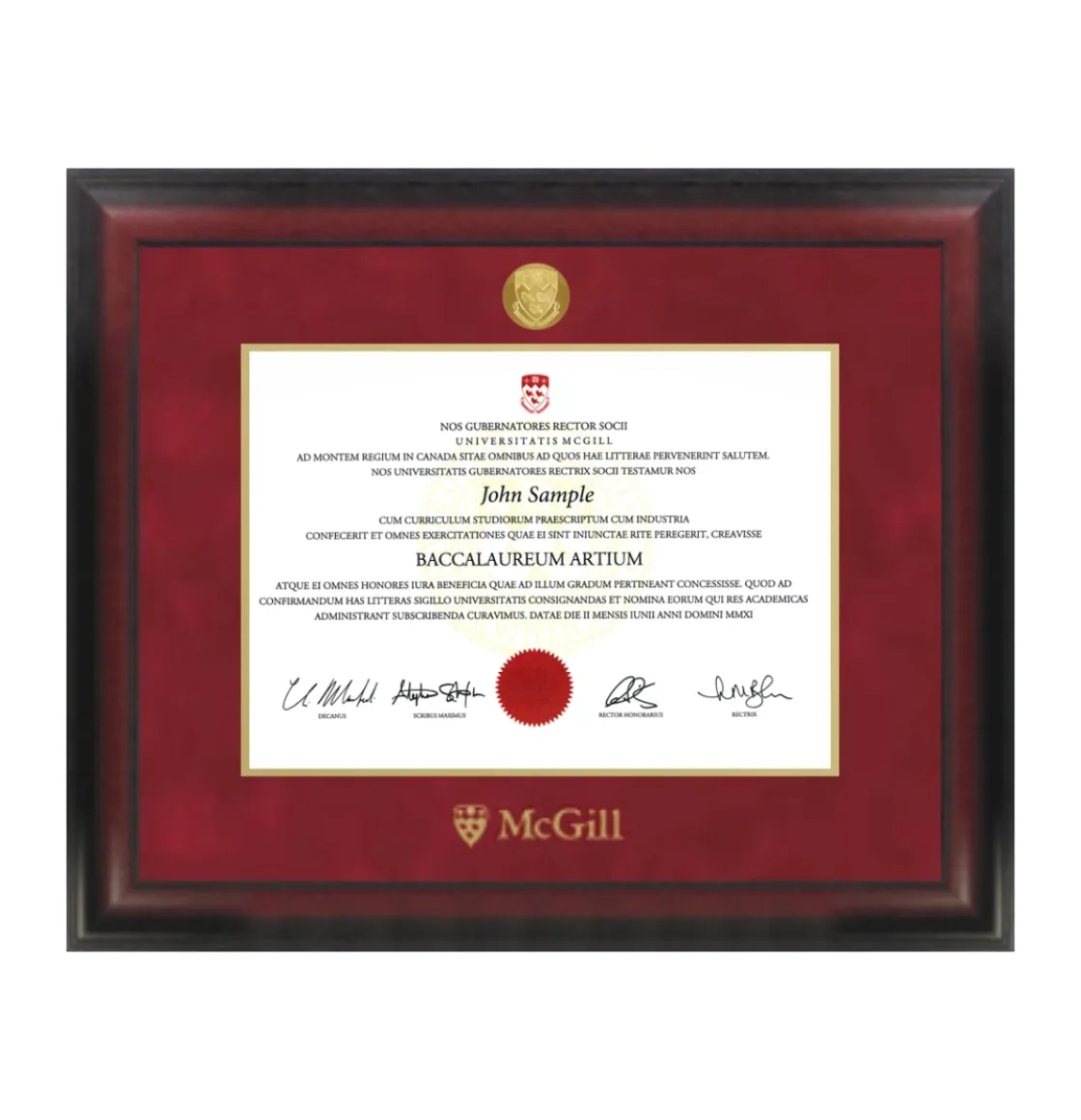 McGill diploma frame in cherry wood frame with red sueded mat, gold medallion, and McGill crest.