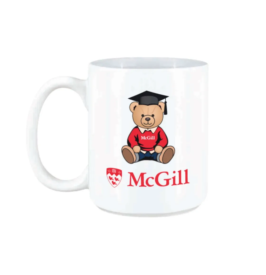 White McGill mug featuring graduation teddy bear graphic wearing cap and gown, with red McGill logo.