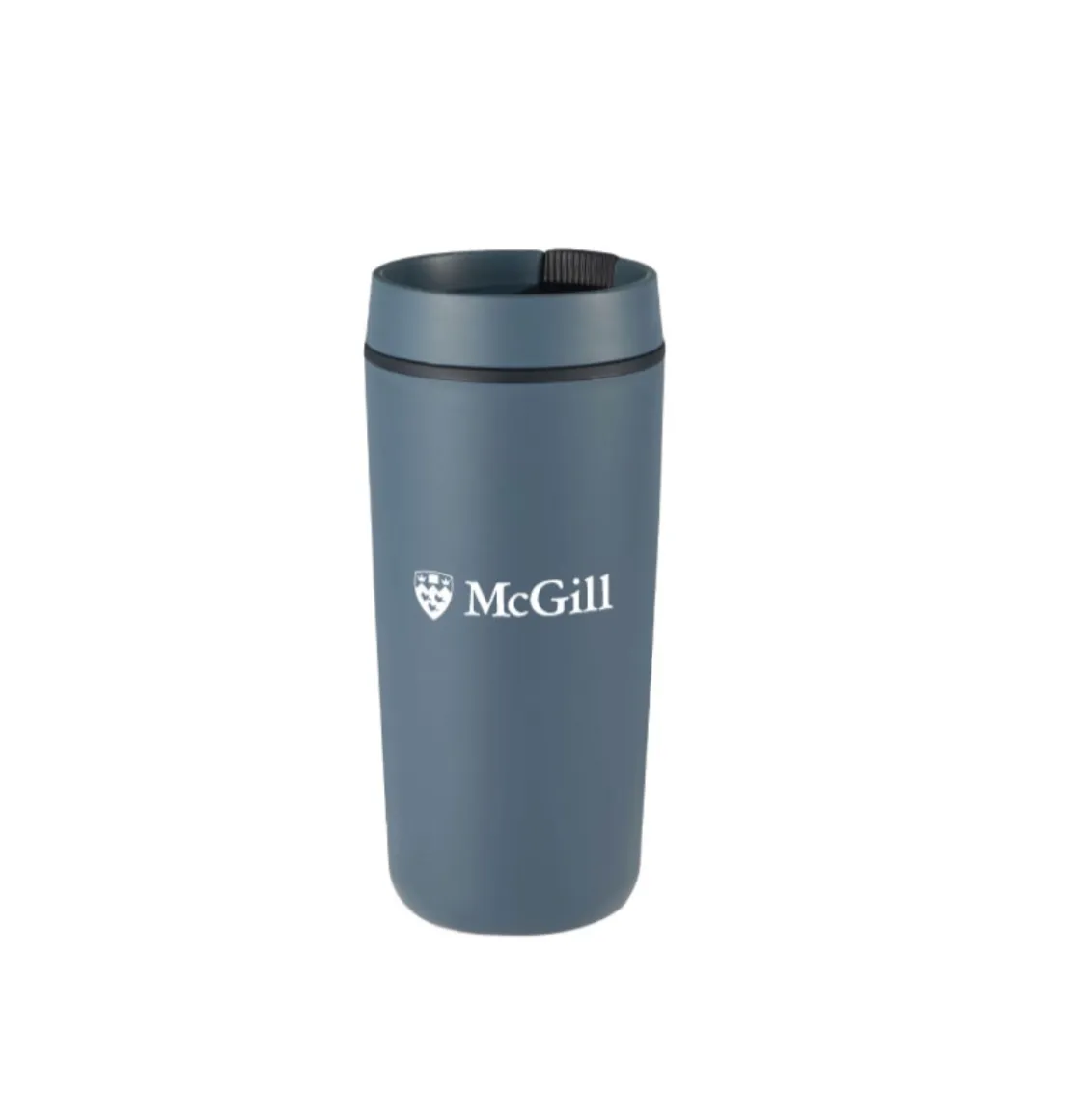 Navy McGill insulated travel mug with white McGill logo and slide‑lid opening.
