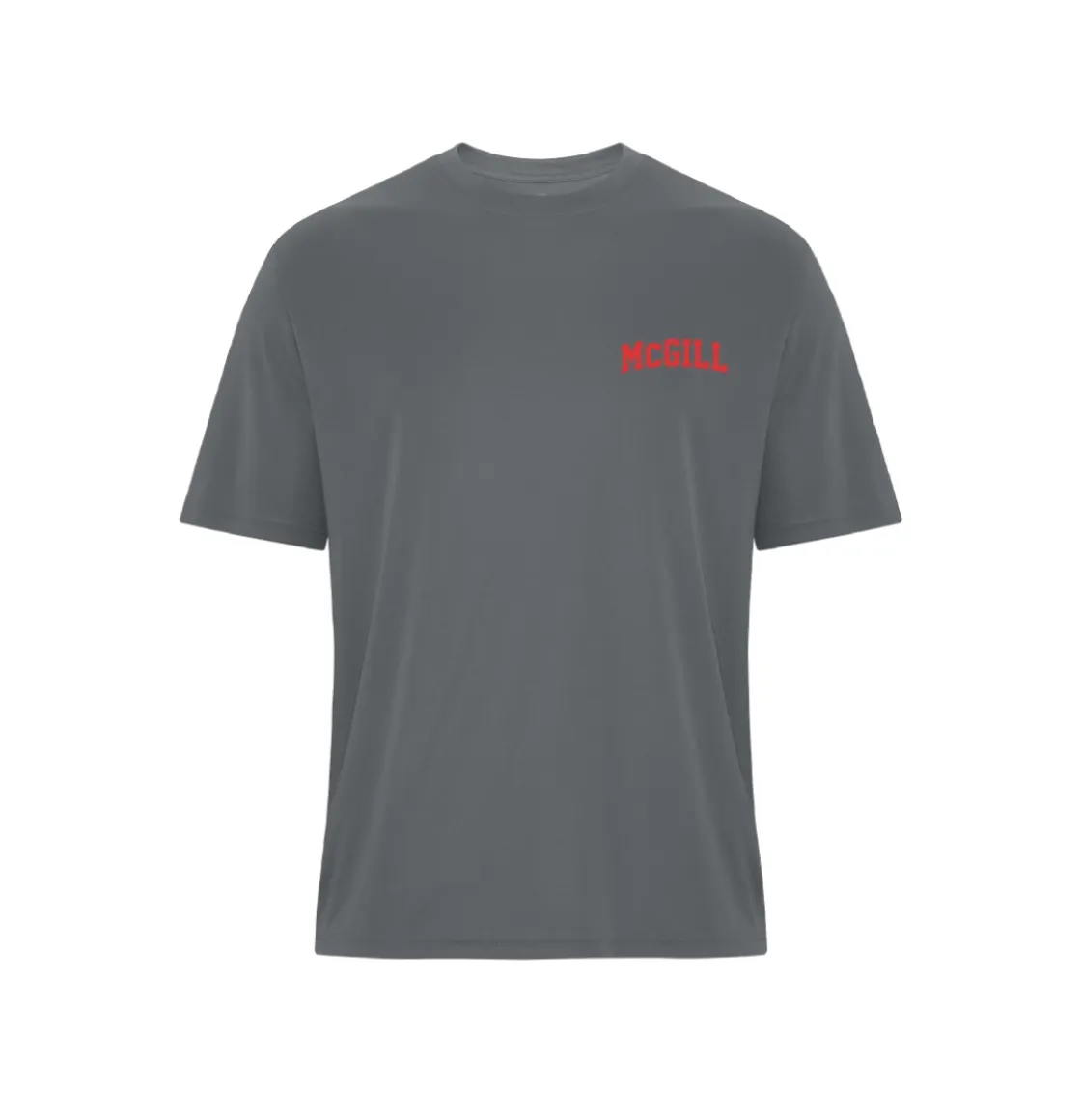Grey McGill men’s performance T‑shirt with red McGill wordmark printed on left chest