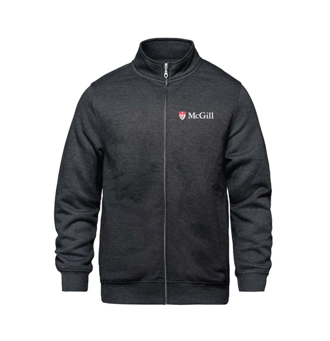 Chandail gris foncé à col simulé et à fermeture éclair avec logo de McGill sur la poitrine gauche.