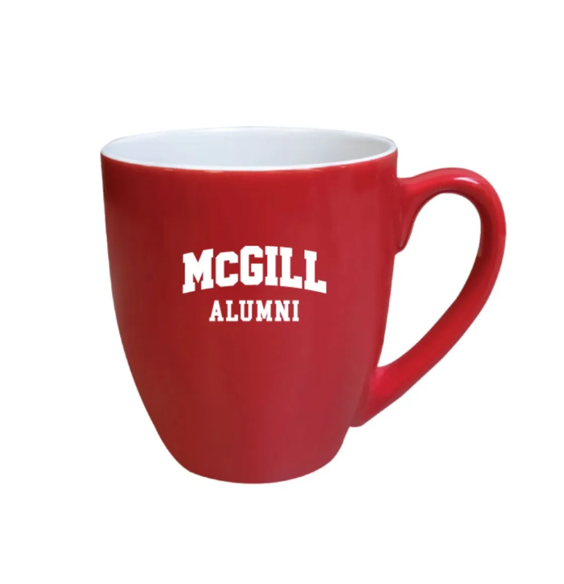 Red McGill Alumni bistro mug with white interior and white “McGill Alumni” varsity lettering, shown on white background.