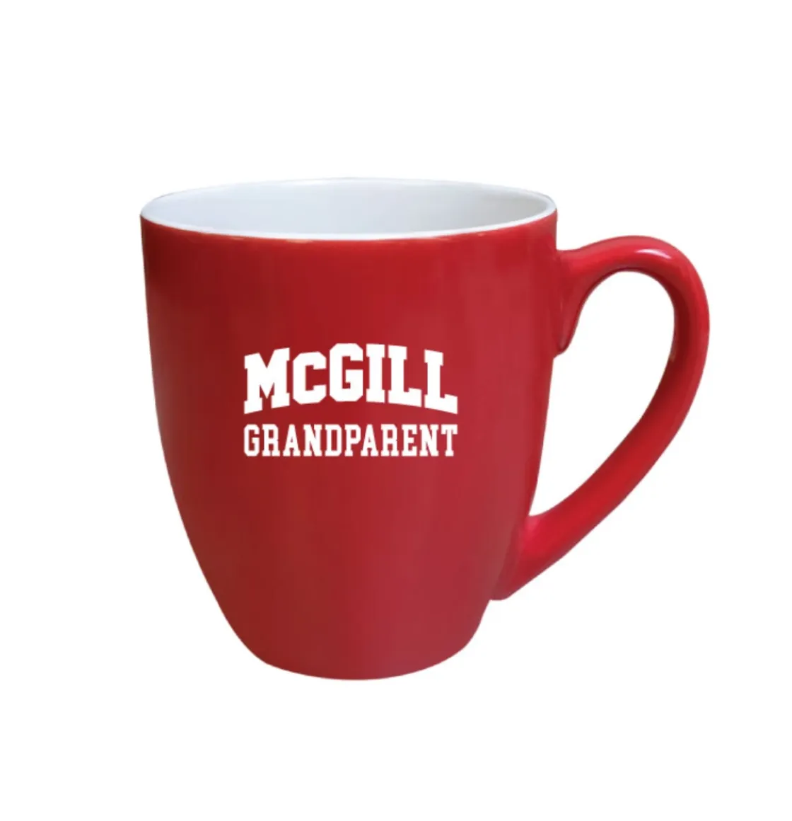 Red McGill Grandparent bistro mug with white interior and white “McGill Grandparent” varsity lettering, shown on white background.