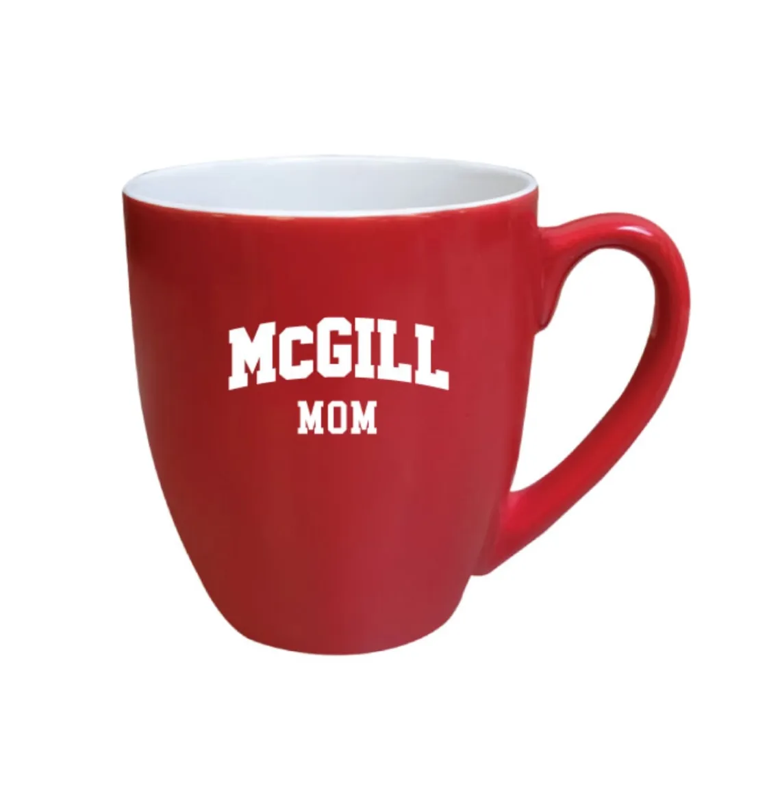 Red McGill Mom bistro mug with white interior and white “McGill Mom” varsity lettering, shown on white background.
