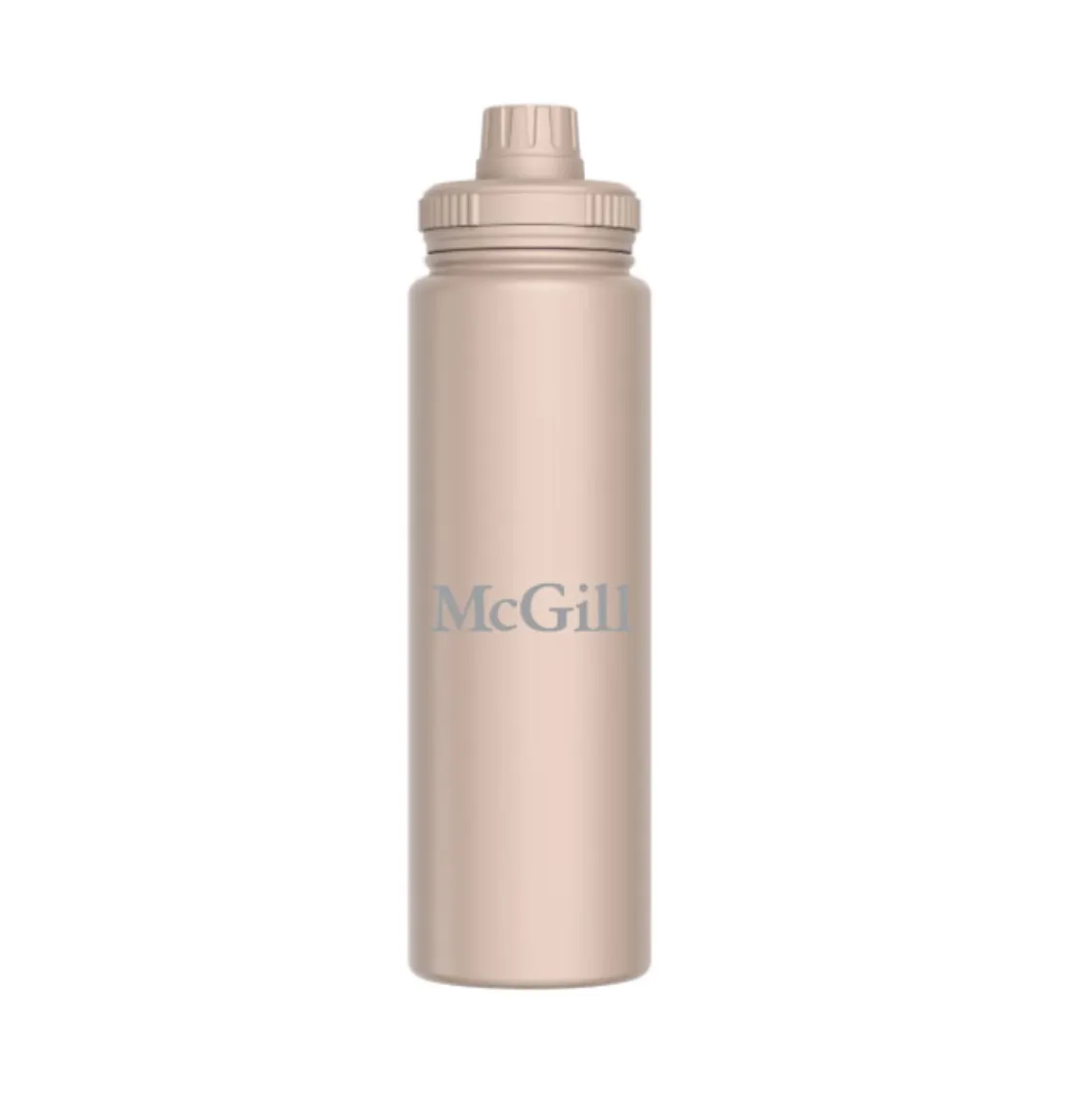 Sand-coloured McGill stainless steel water bottle with twist‑top lid and light grey McGill logo
