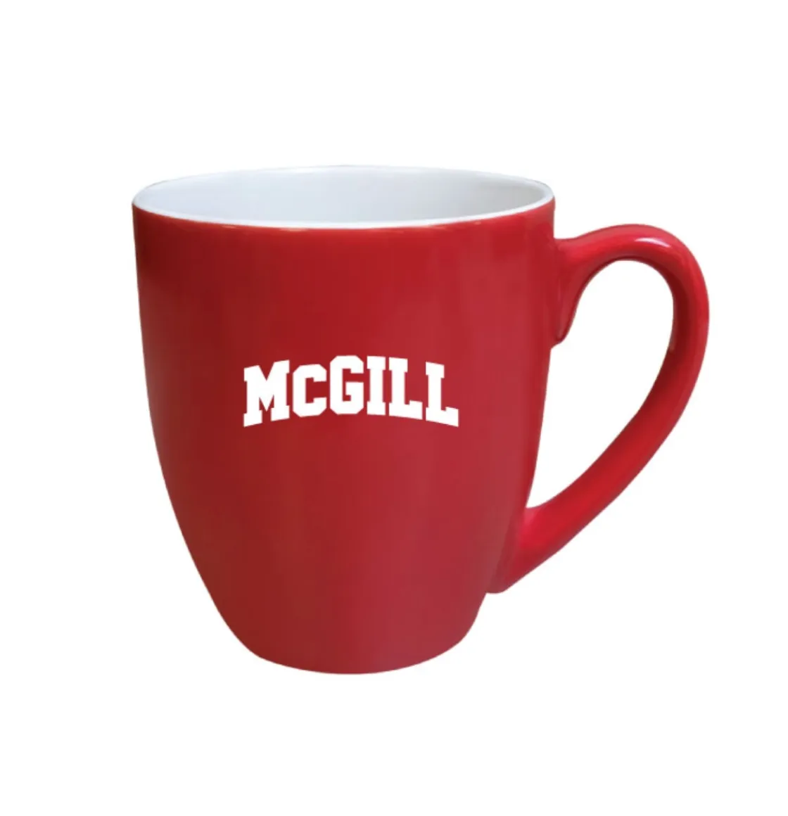 Red McGill Varisty bistro mug with white interior and white McGill varsity lettering, shown on white background.