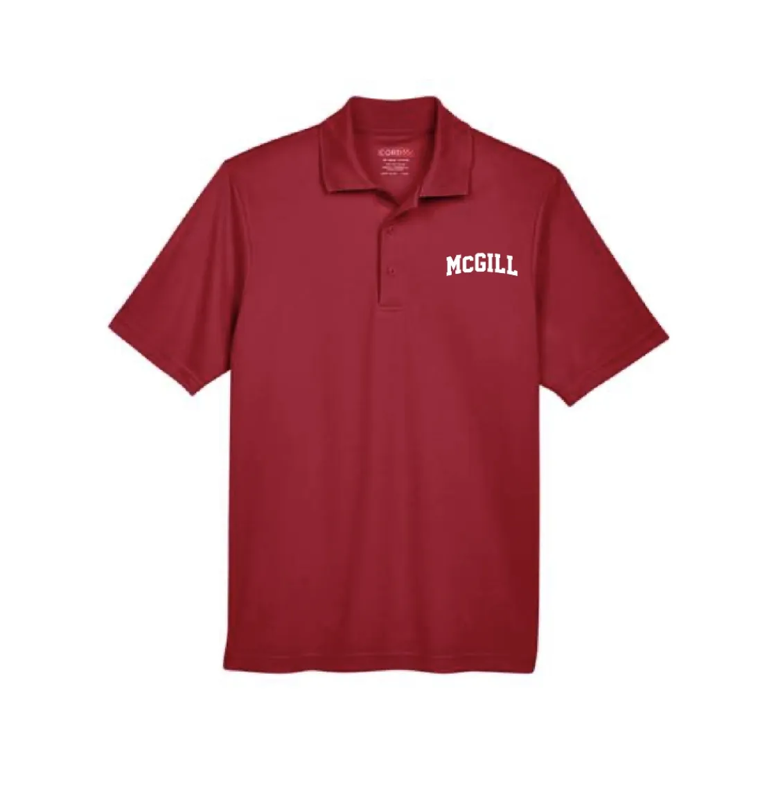 Red McGill performance polo with white McGill varsity wordmark on left chest and short sleeves