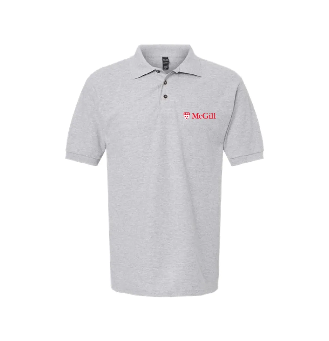Grey McGill polo shirt with embroidered McGill crest, classic fit, short sleeves, and collar.