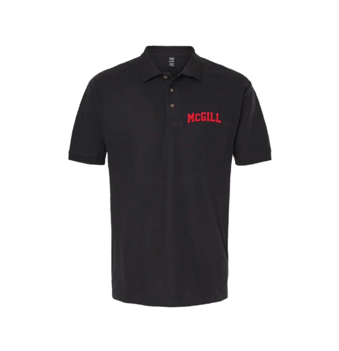 Black McGill polo shirt with embroidered McGill Varsity logo, classic fit, short sleeves, and collar.