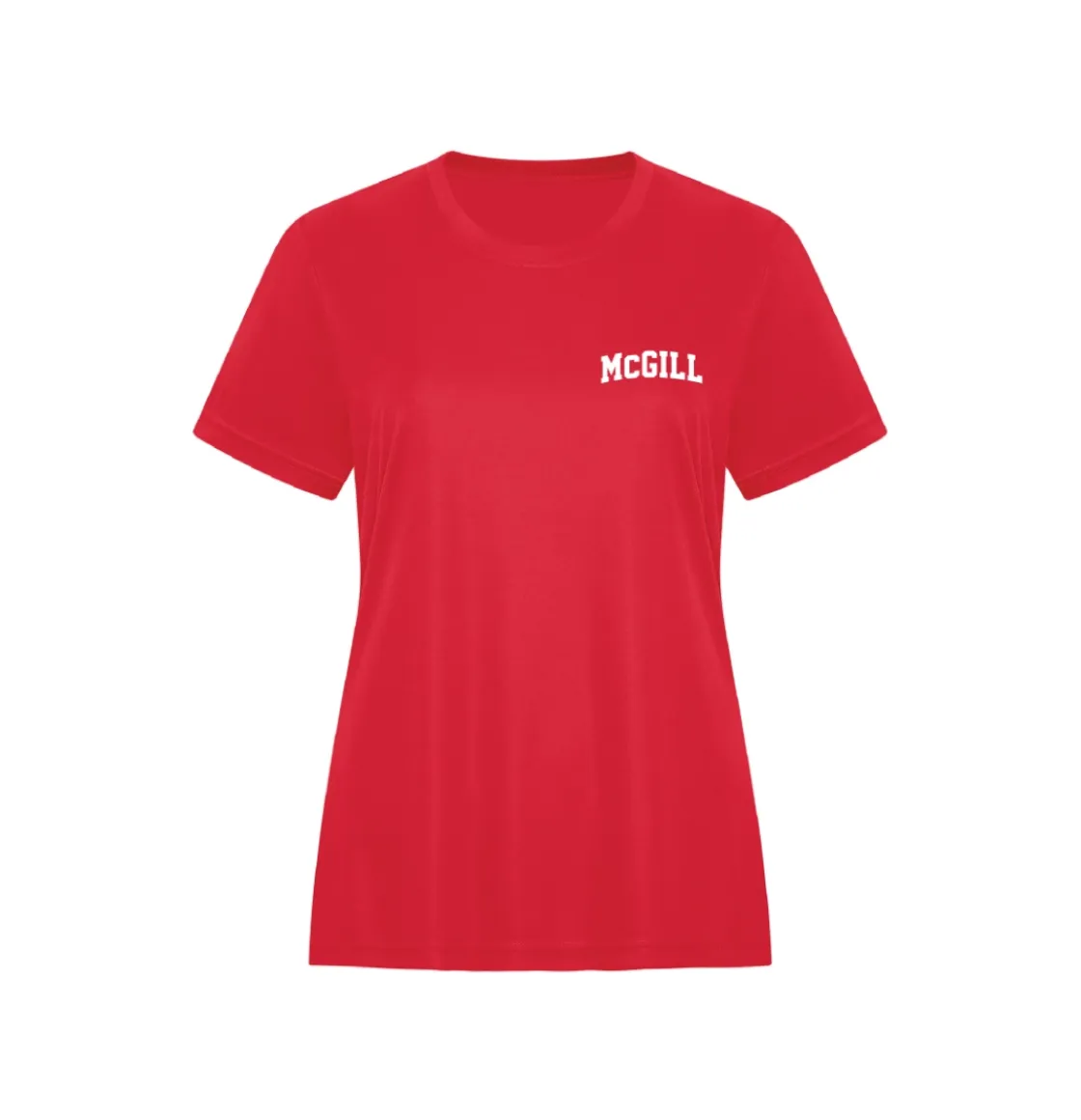 Red McGill women’s performance T‑shirt with white McGill Varsity wordmark on left chest.