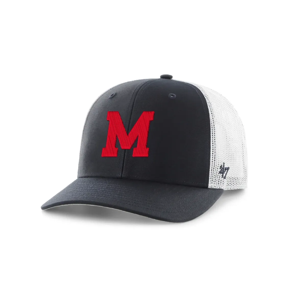 Navy McGill trucker cap with curved brim, white mesh back, and raised red “M” embroidery on the front.