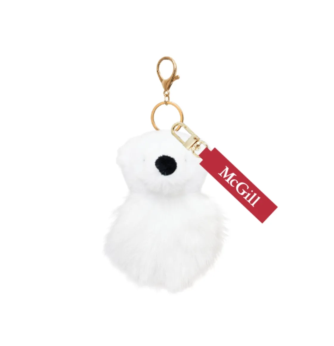 Polar Bear plush keychain with gold clip and ring, featuring red McGill tag and soft faux fur body.