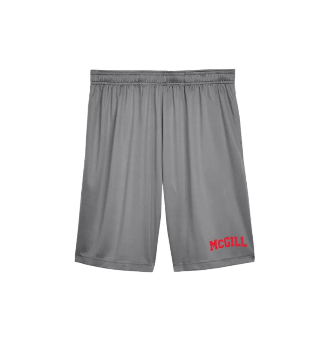 Grey McGill athletic shorts with elastic waistband, relaxed fit, and red “McGill” varsity logo printed on the lower left leg.