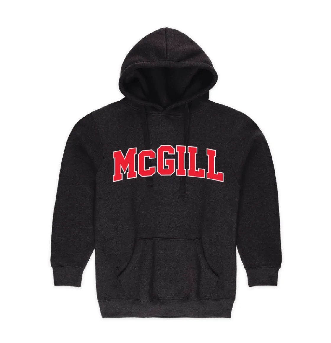 Heather Charcoal McGill hoodie with front pocket, drawstring hood, and red varsity “McGill” lettering on chest.