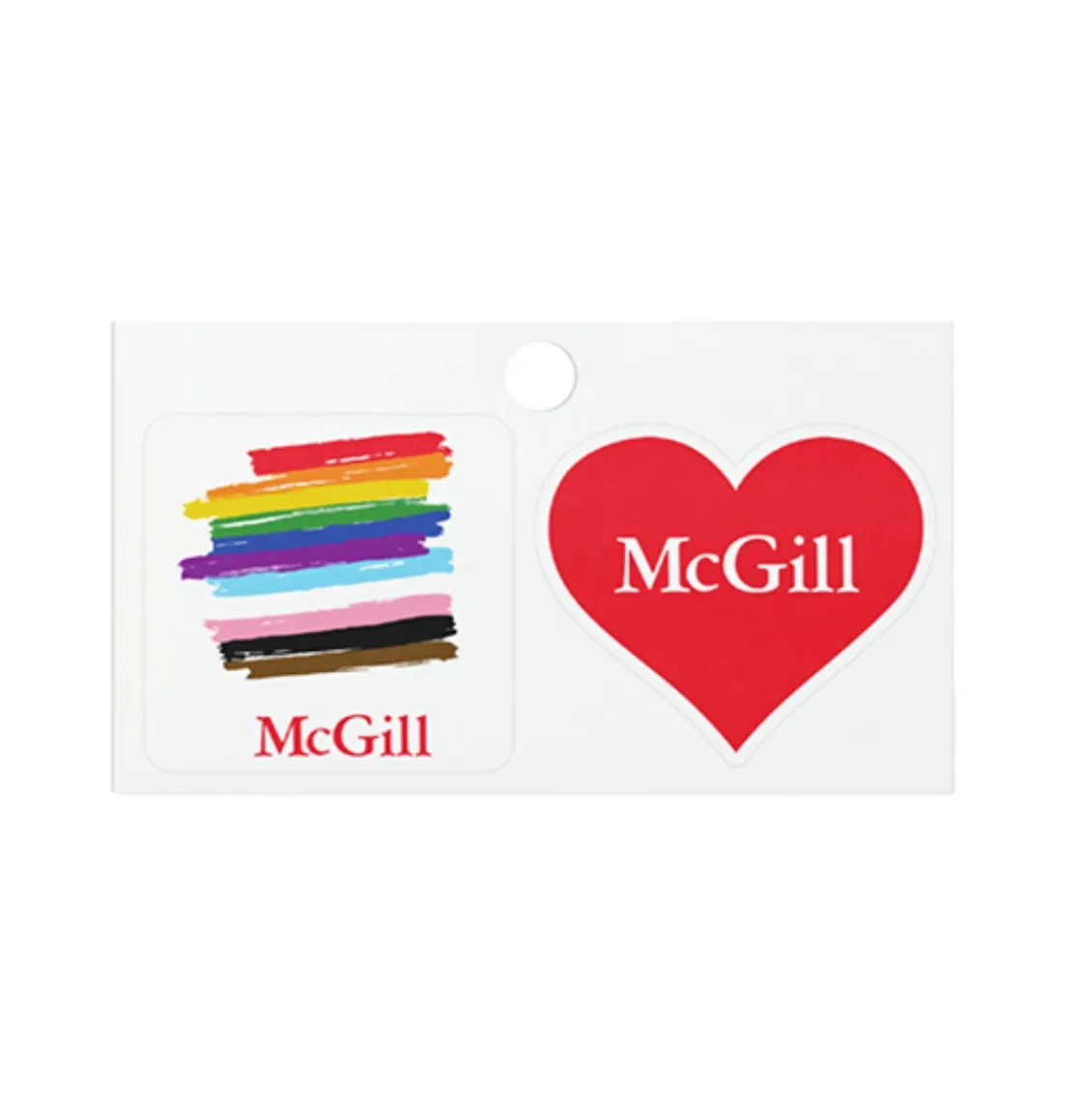 McGill sticker set featuring a stylized pride flag using rainbow brush strokes with McGill text and red heart McGill logo on white sticker sheet.