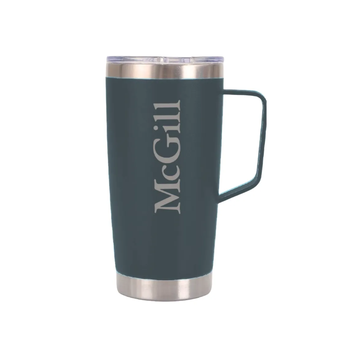 Green McGill insulated travel mug with handle, clear lid, and the McGill wordmark, shown on white background.