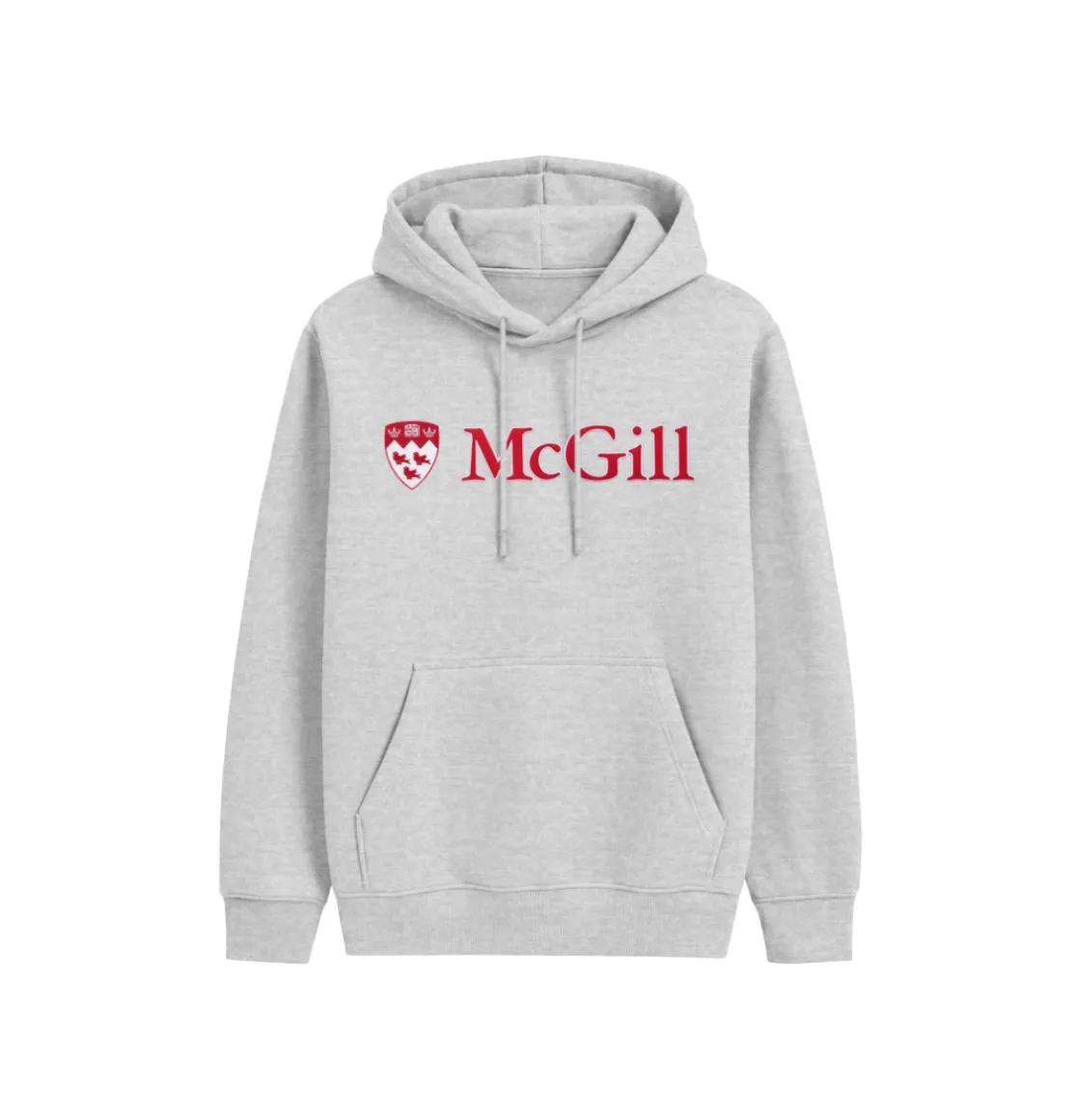 Light Grey McGill pullover hoodie with red embroidered McGill wordmark, crest logo, drawstring hood, and kangaroo pocket.