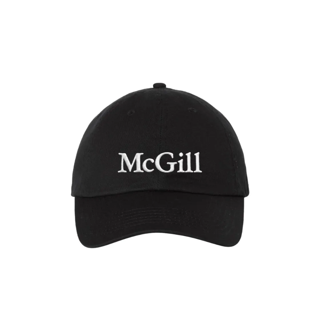 Black McGill baseball cap with white embroidered logo.