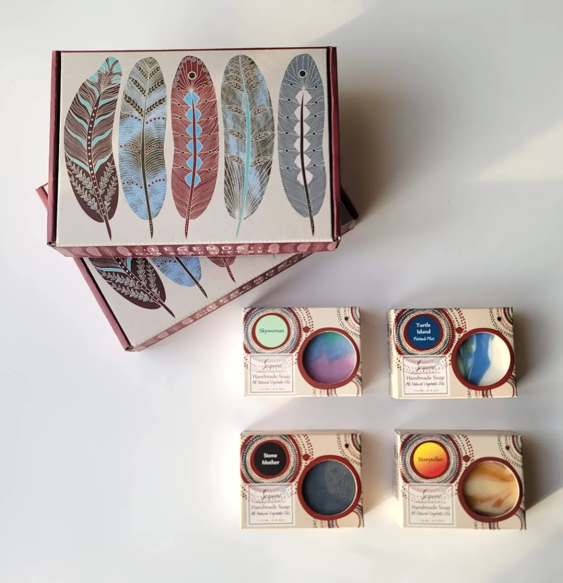 Sequoia Legends Four handmade soap gift set featuring four natural oil soaps in decorative gift box.