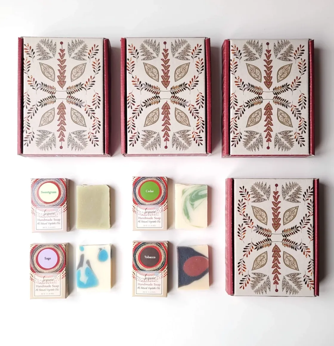 Sequoia Four Medicines handmade soap gift set featuring four natural oil soaps in decorative gift box.