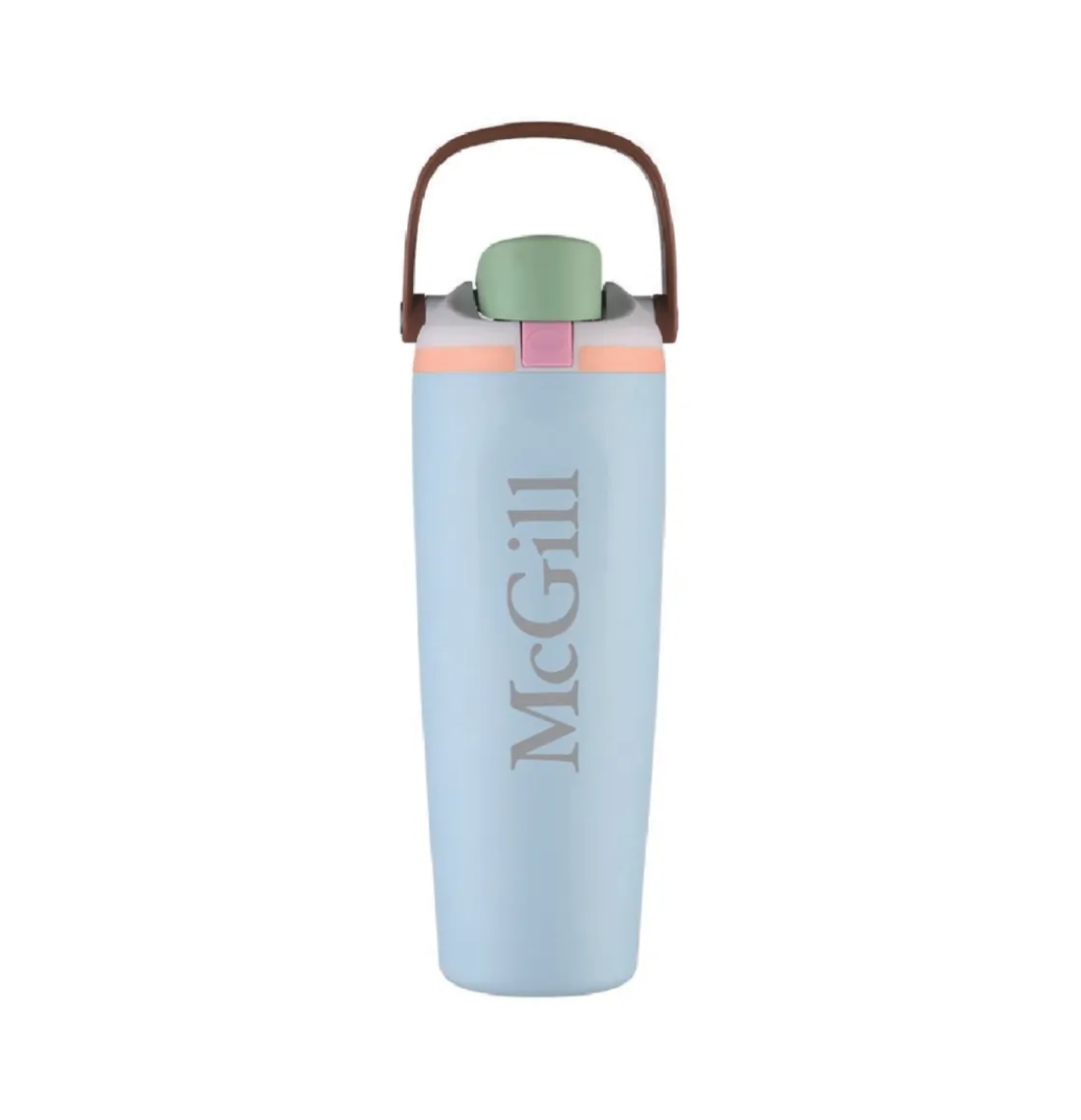 Light Blue McGill insulated water bottle with flip-top lid, carrying handle, and McGill wordmark.