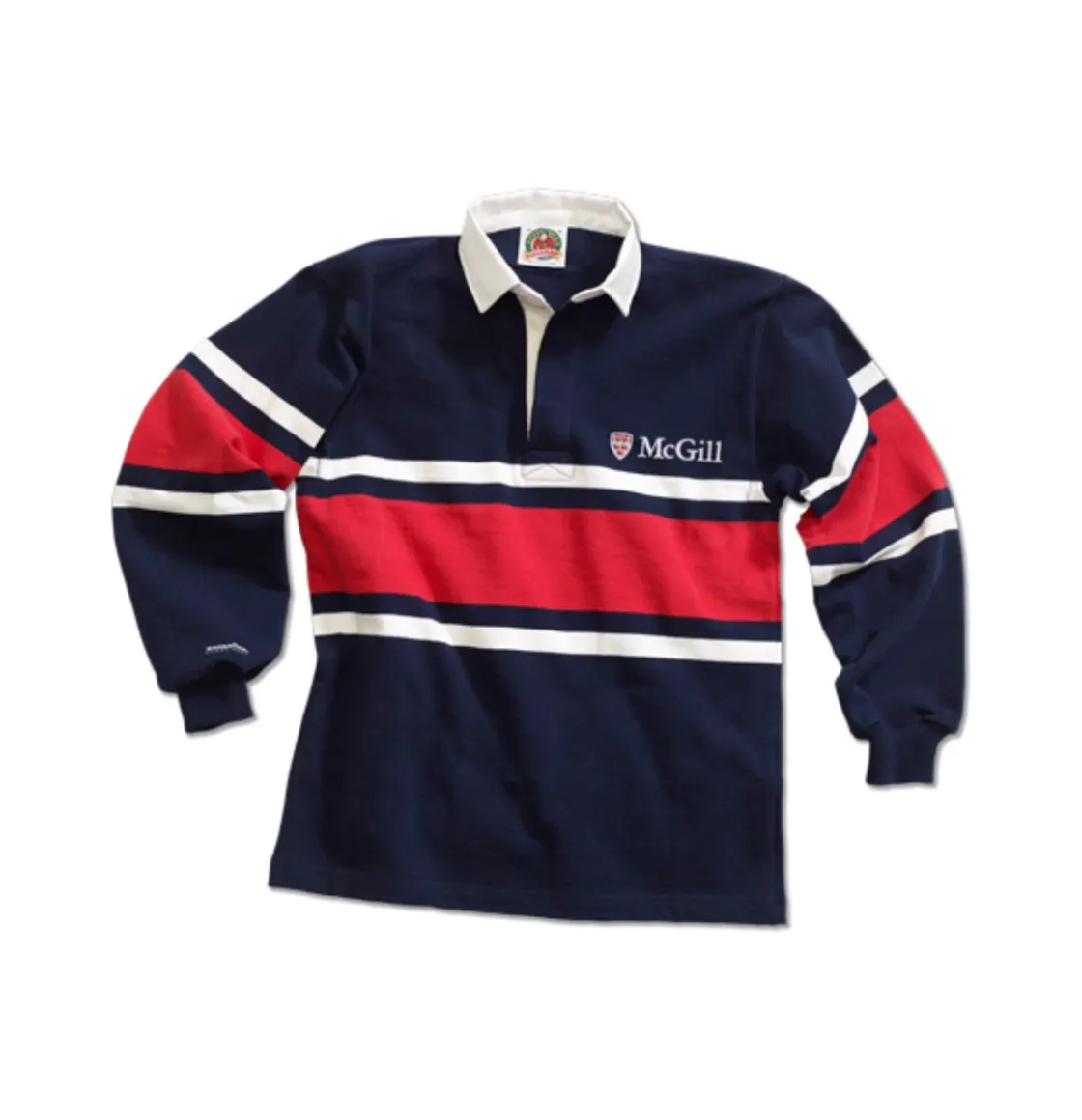 Navy McGill long‑sleeve rugby shirt with red and white chest stripes, white collar, and embroidered McGill crest logo.