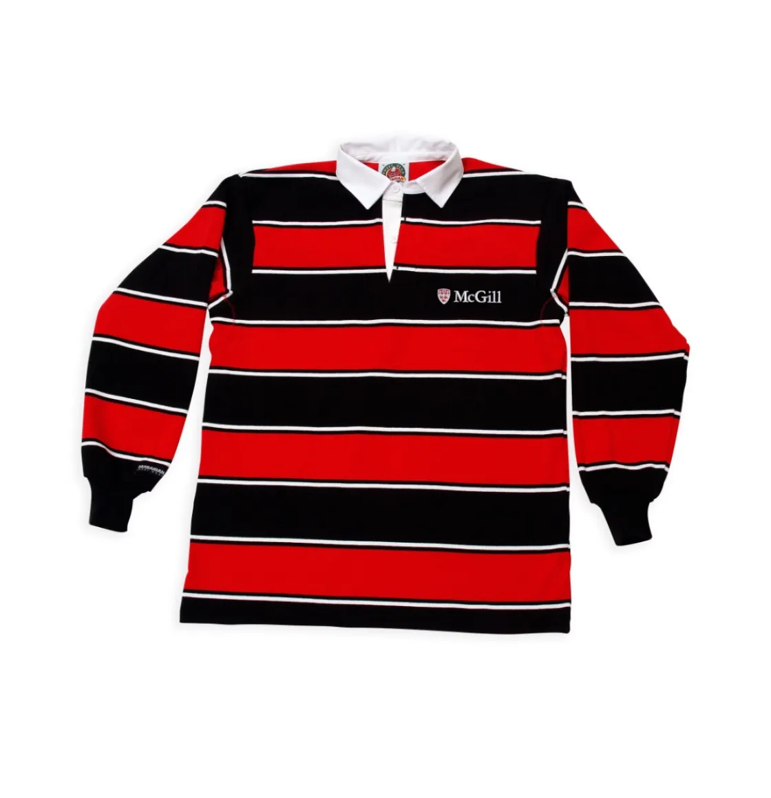 McGill long-sleeve rugby shirt with red and black stripes, white collar, and embroidered McGill crest logo.