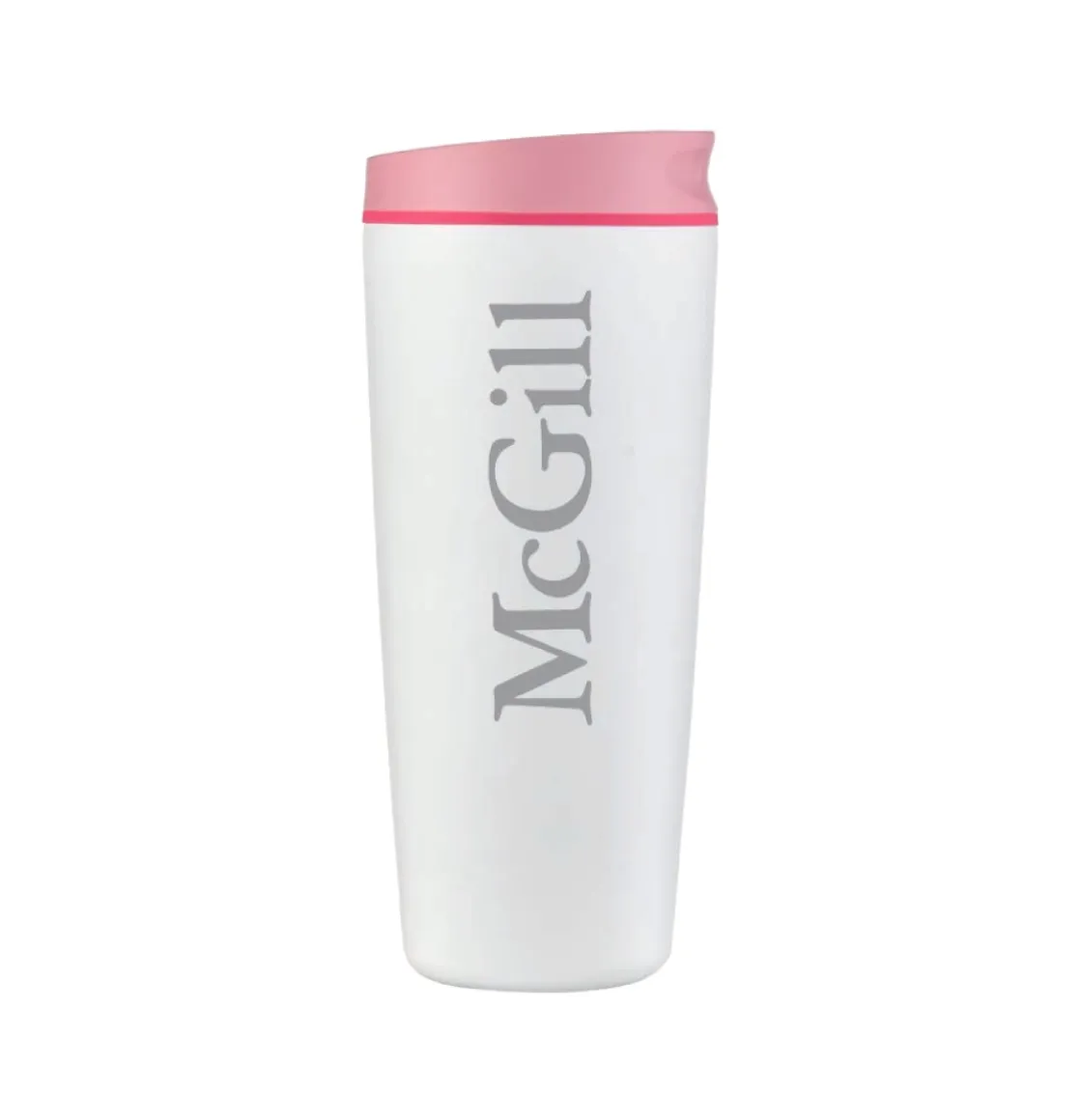 White McGill insulated travel mug with pink lid and McGill wordmark, shown on white background.