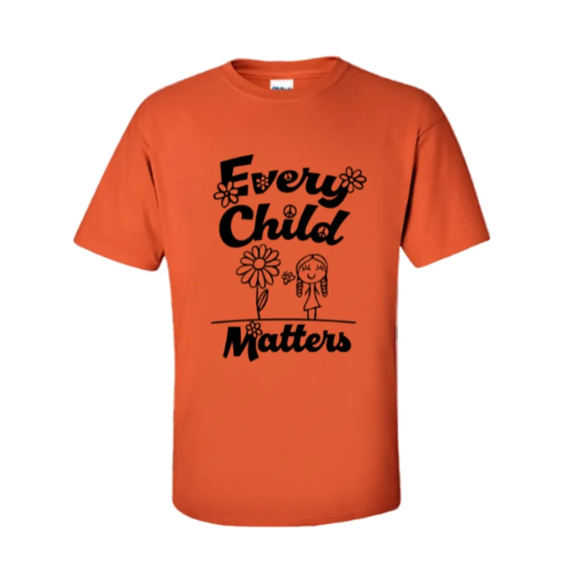 Orange Every Child Matters T‑shirt featuring floral graphics, peace symbol, and child illustration on front.
