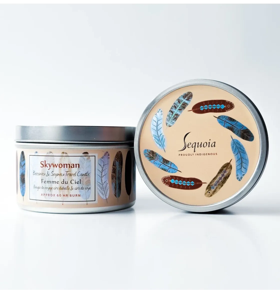 Sequoia Citrus Floral scented candle in decorative tin with botanical pattern and silver lid.