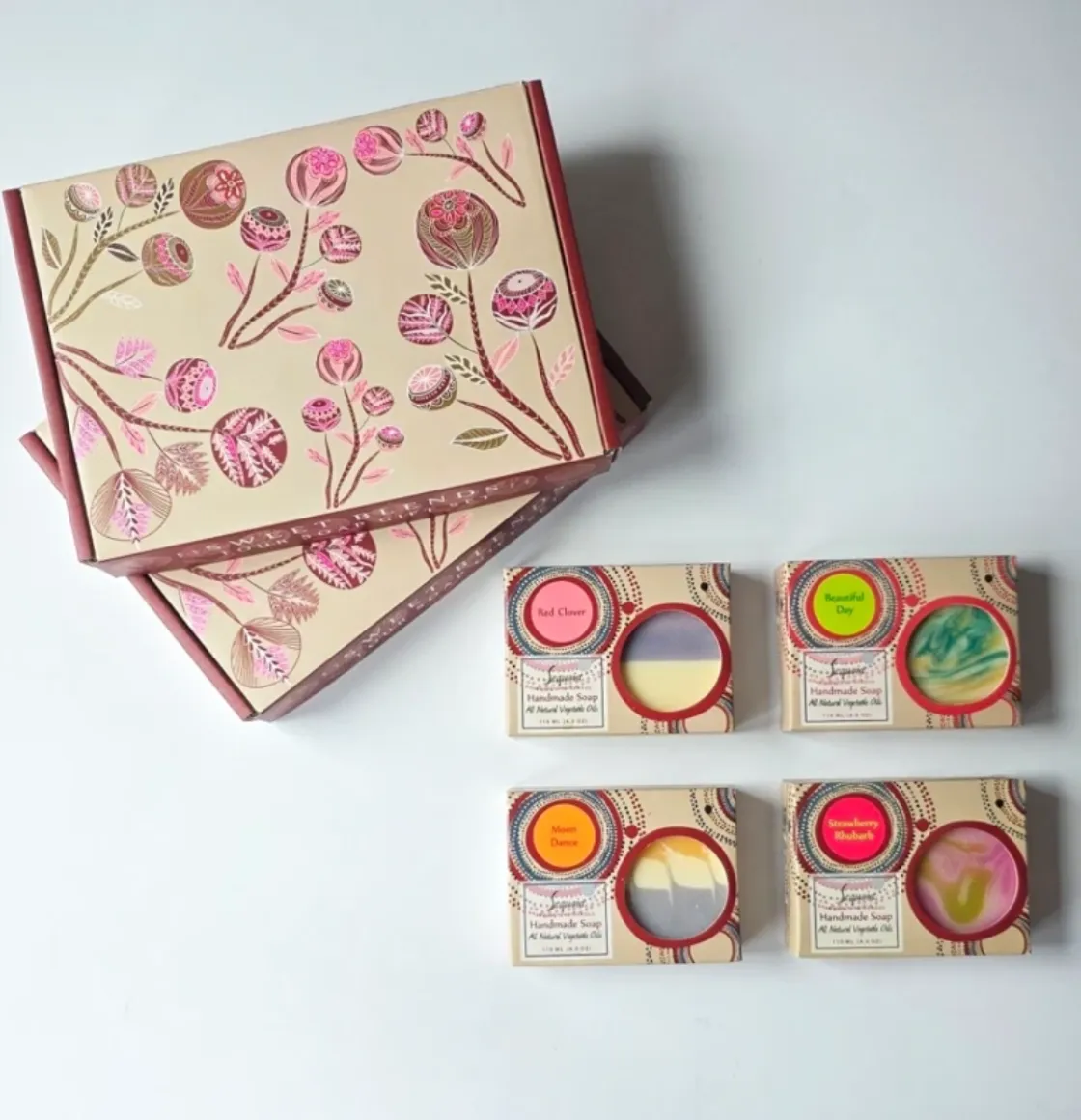 Sequoia Sweet Blends handmade soap gift set featuring four natural oil soaps in decorative gift box.