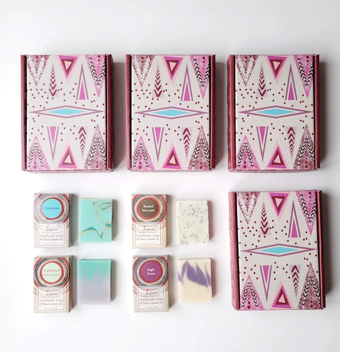 Sequoia Traditions handmade soap gift set featuring four natural oil soaps in decorative gift box.