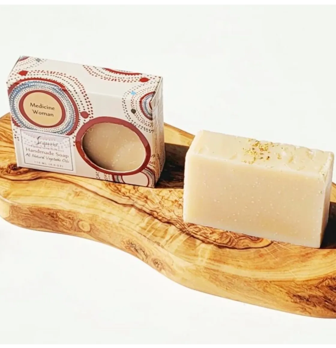 Sequoia Medicine Woman handmade soap bar with vegetable oils, displayed with illustrated packaging.