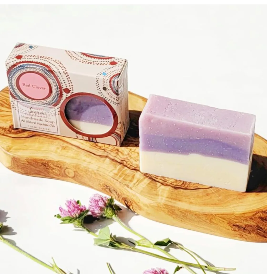 Sequoia Red Clover handmade soap bar with natural oils, displayed with illustrated packaging and red clover flowers.