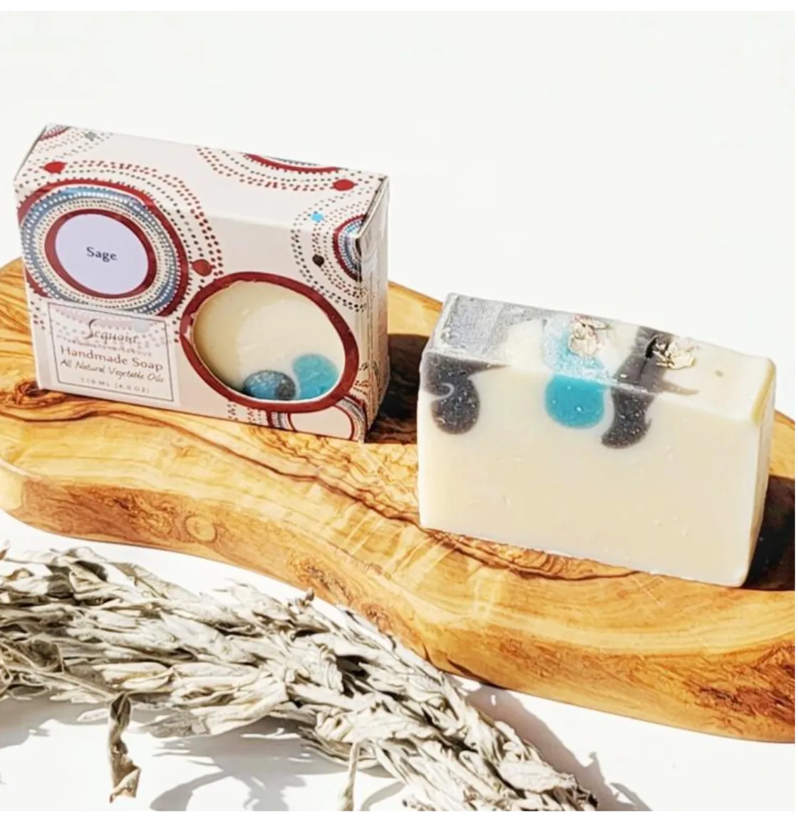 Sequoia Sage handmade soap bar with natural oils, displayed with illustrated packaging and dried sage leaves.